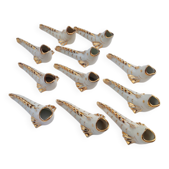 White and gold Limoges porcelain knife rests - animal motif: fish