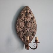 Paire d'appliques laiton repoussé motifs florales, lampe murale, applique