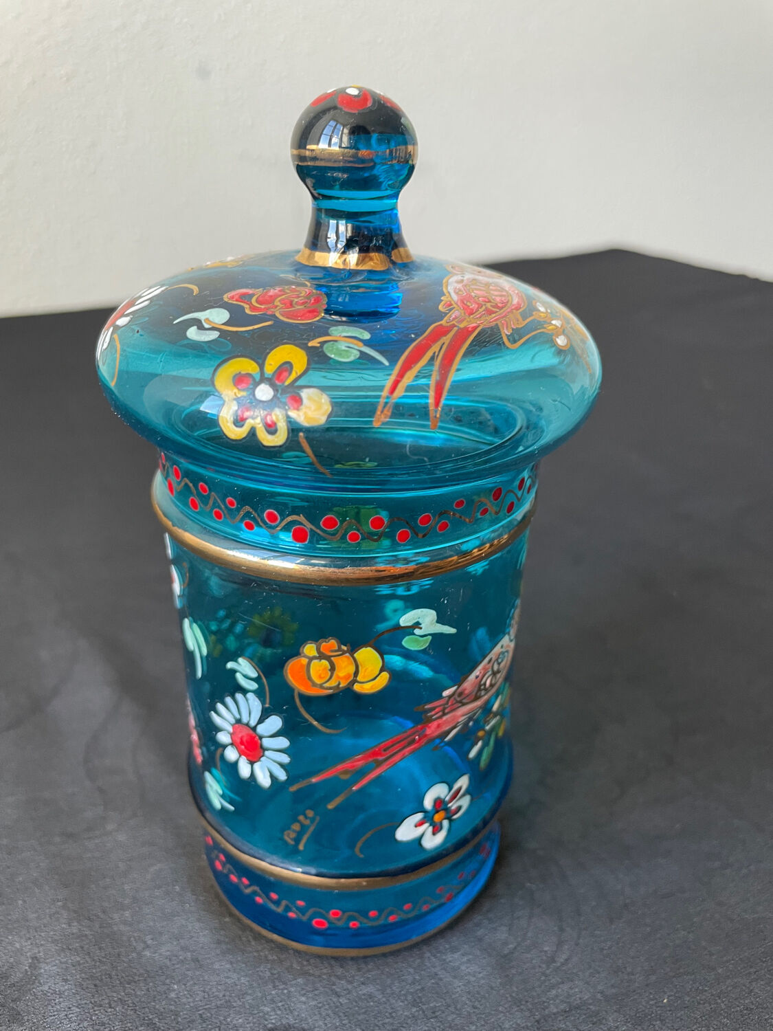 Hand-painted blue glass pot flowers and birds