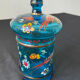 Hand-painted blue glass pot flowers and birds