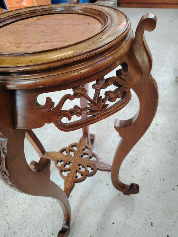 Sellette porte-plante Néo-Renaissance en bois sculpté et marbre rose