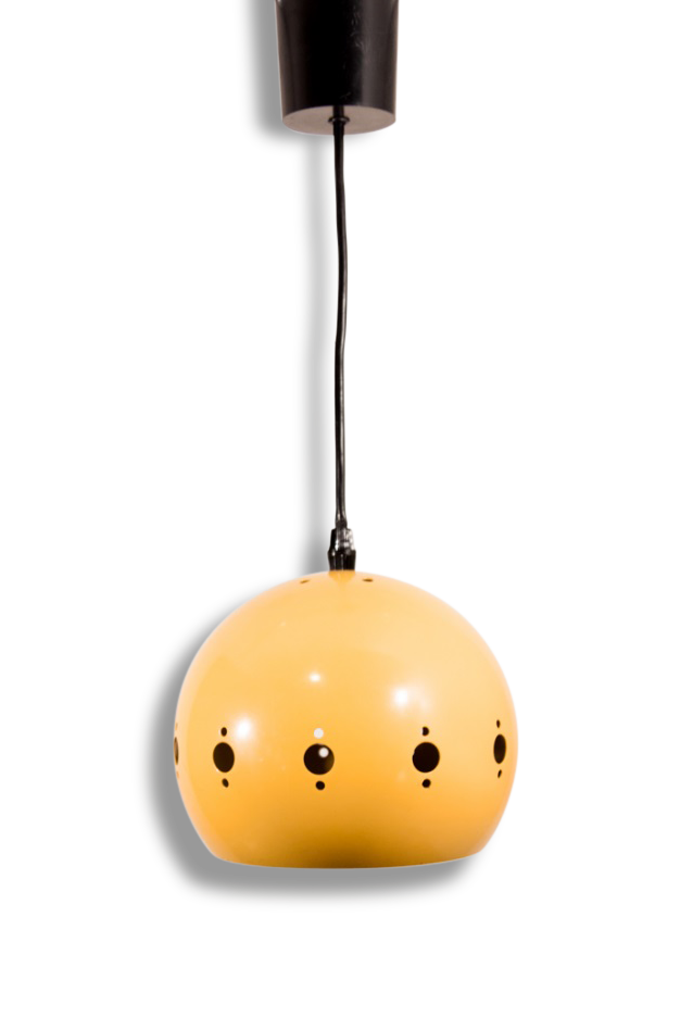 Suspension yellow lacquered metal perforated geometric patterns.