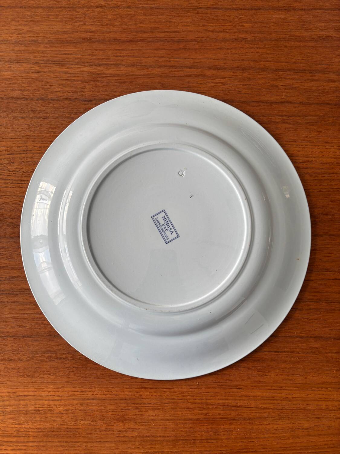 Old Sarreguemines earthenware dish, blue mimosa model