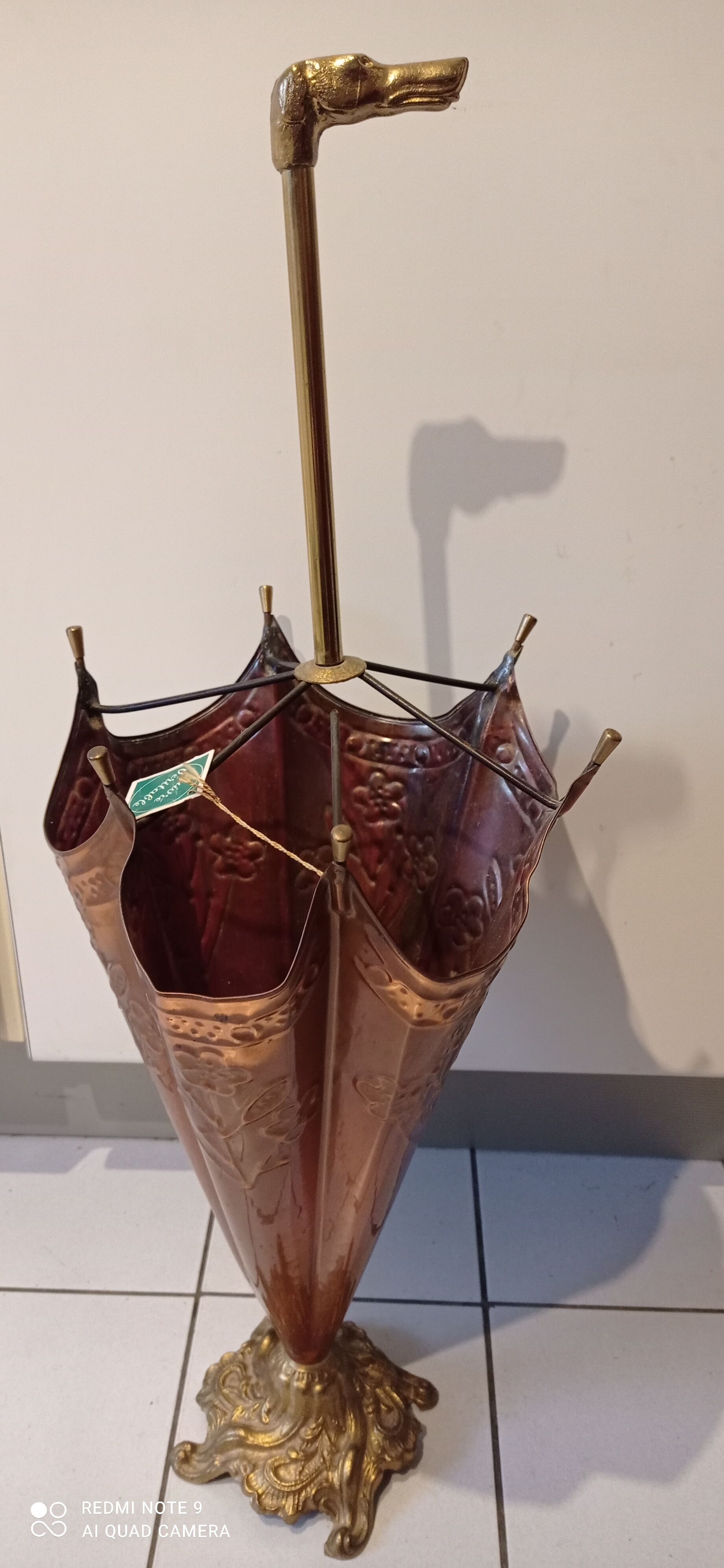 Old copper umbrella holder vintage handle dog head