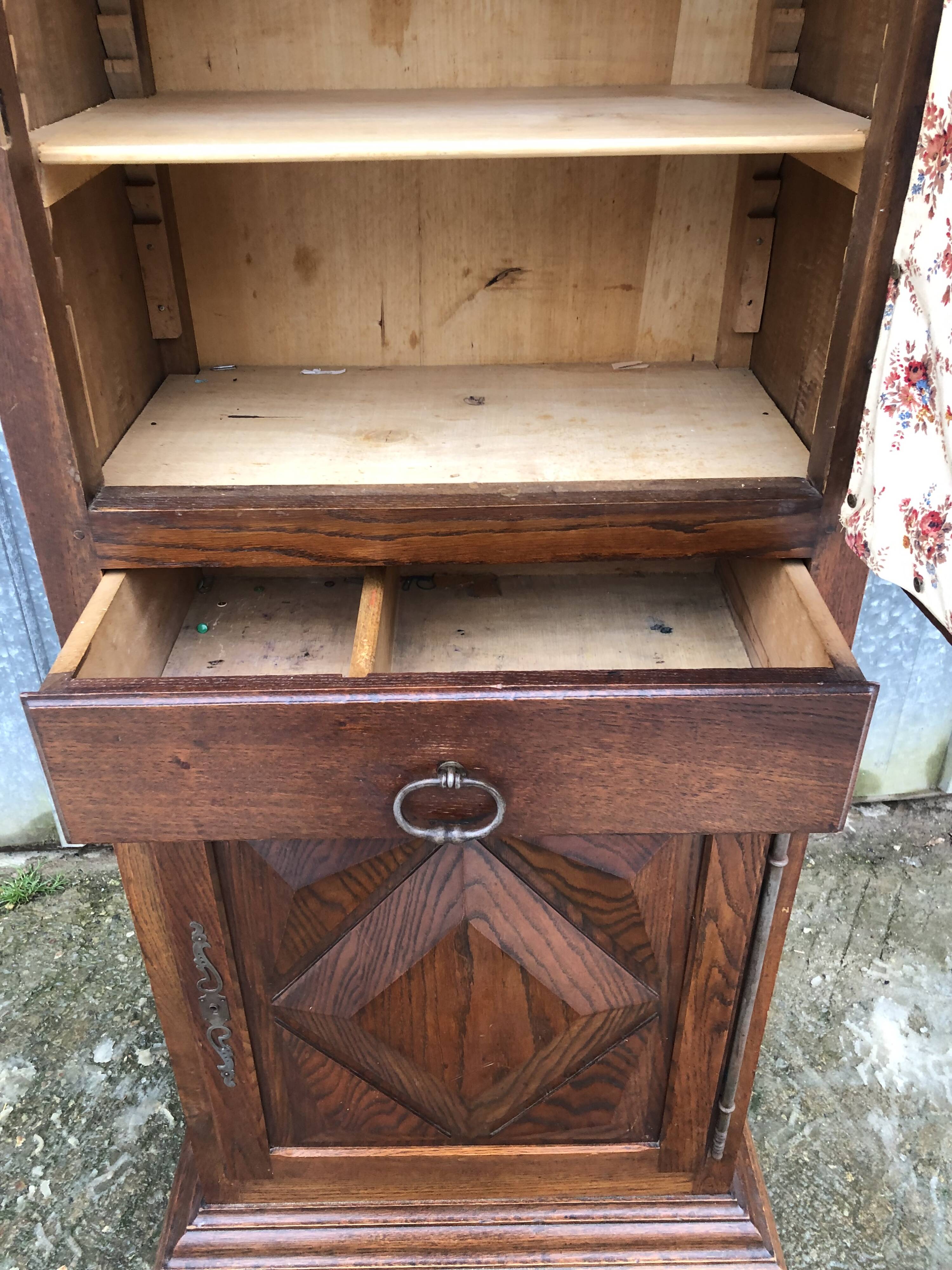 Solid oak wardrobe with 2 doors and 1 drawer in neo Louis XIII style.