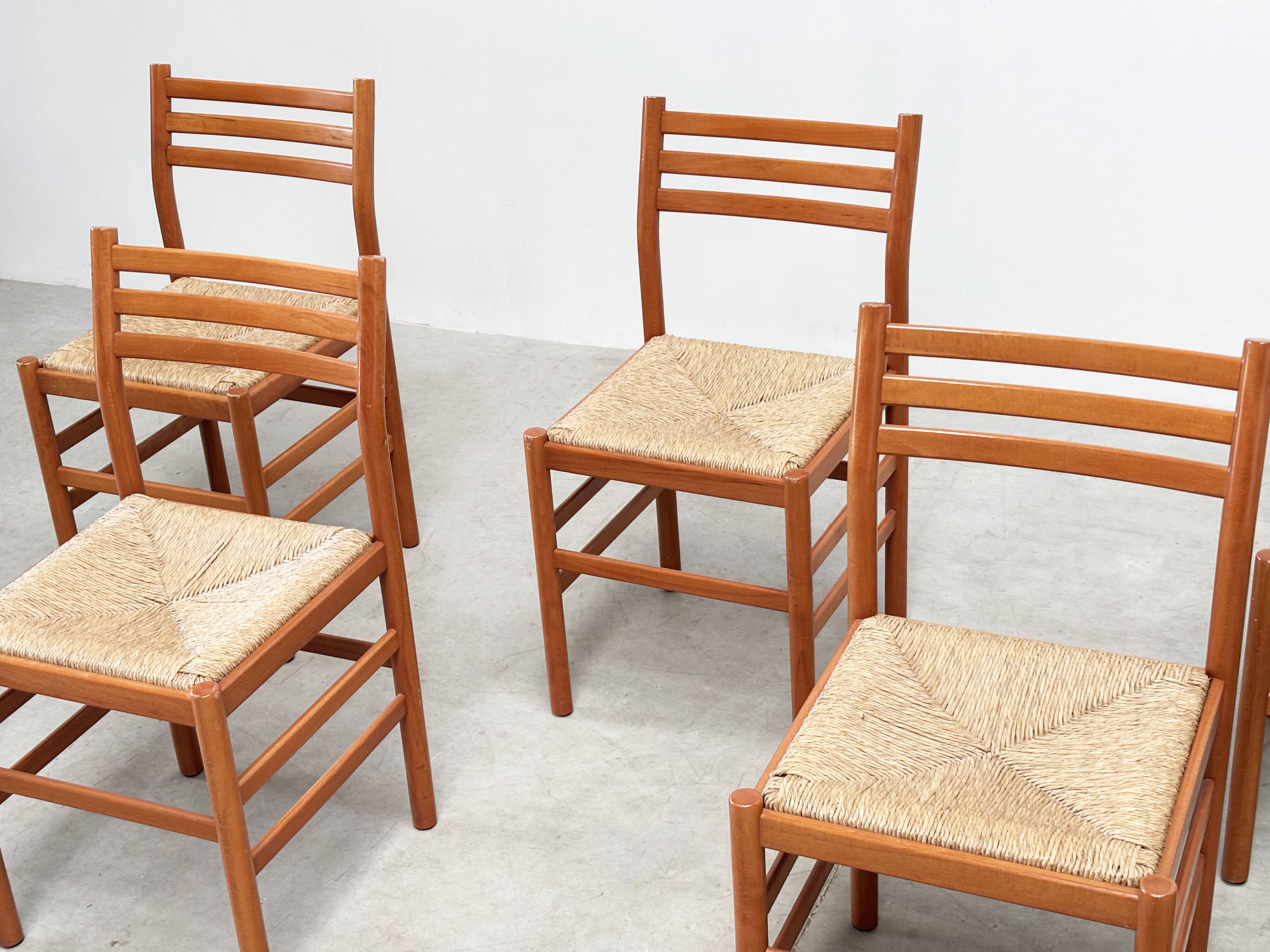 Set of six walnut and rattan dining chairs