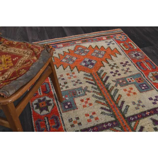 Vintage Turkish hand-knotted wool cotton beige runner rug  114x362