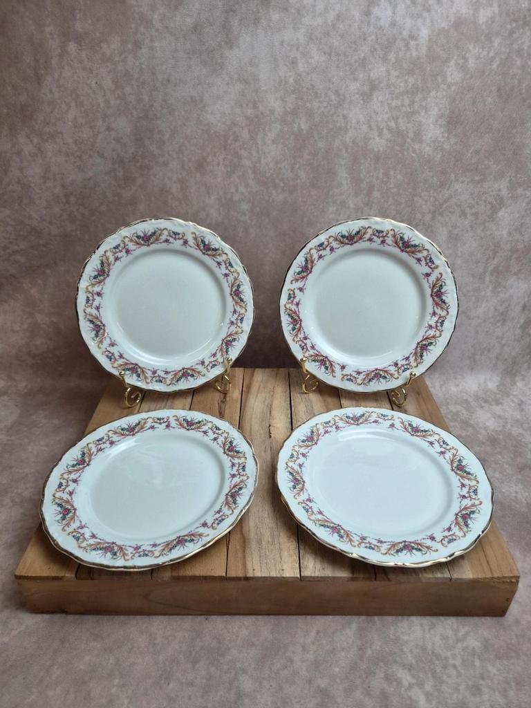 Set of 4 dessert plates French porcelain Digoin romantic floral gold decoration