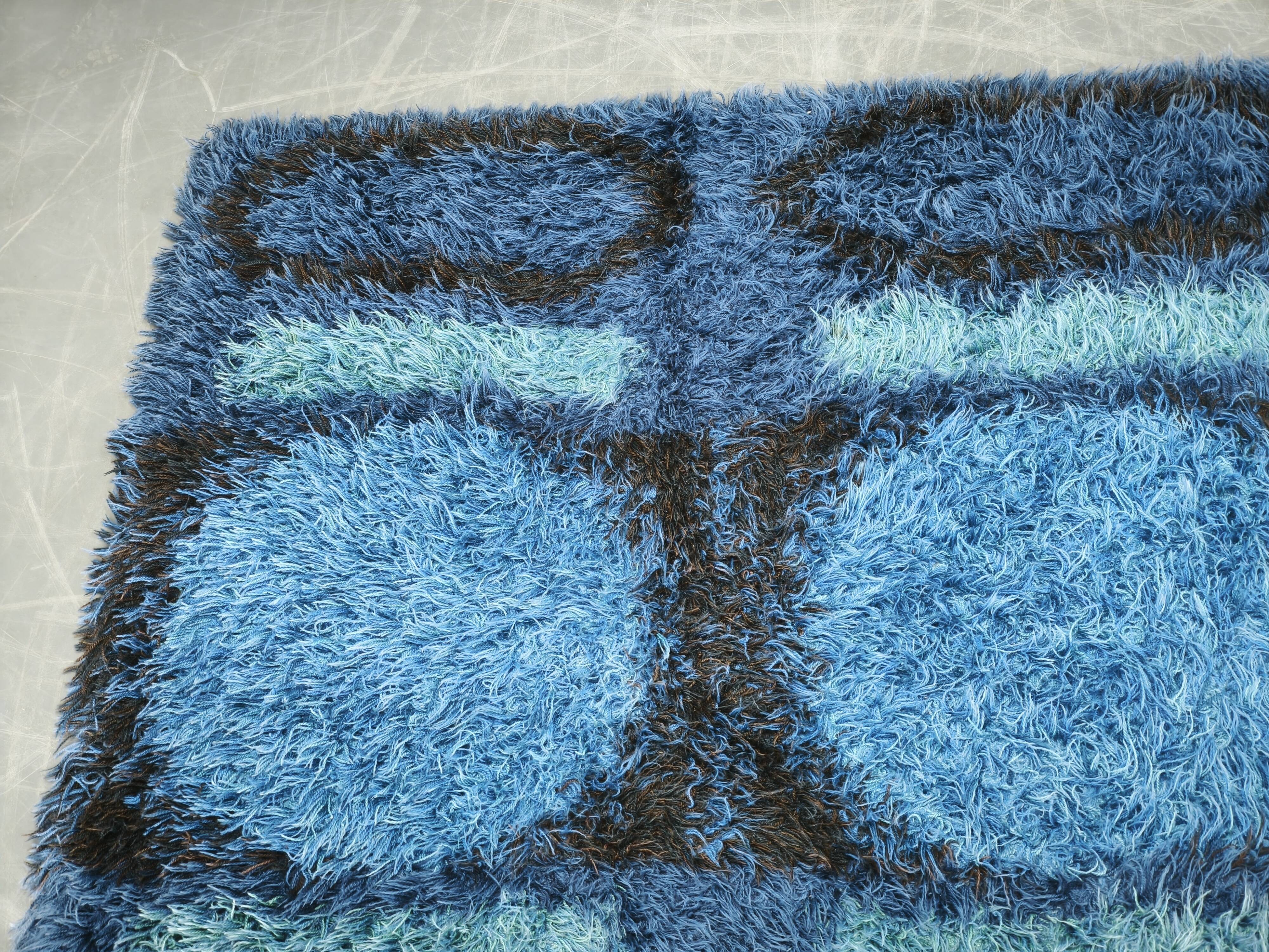 Large Danish Abstract Blue Wool Rya Rug in Ege Style