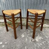 Pair tripod stool vintage design wood and straw