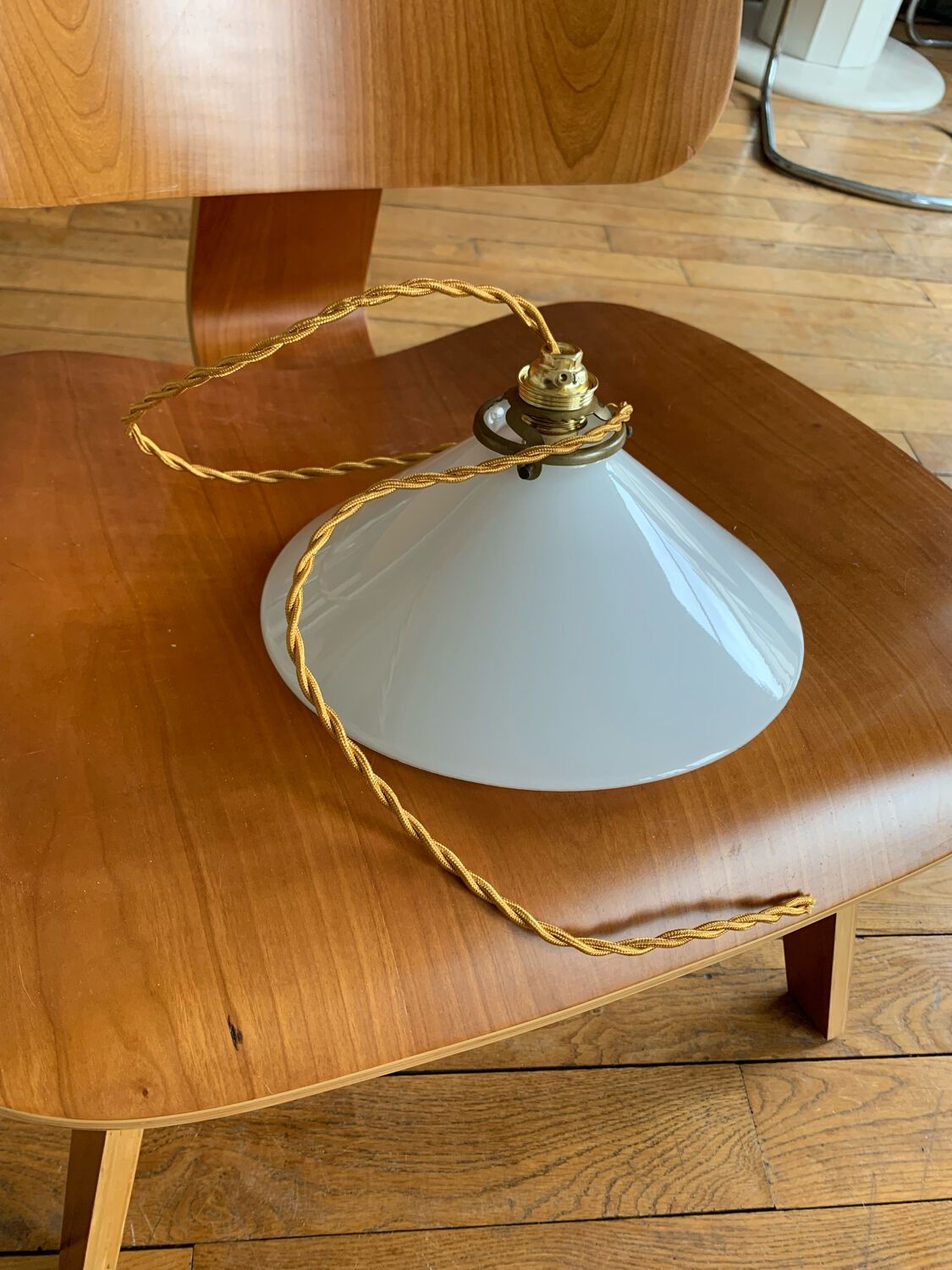 Old vintage suspension lamp in white opaline