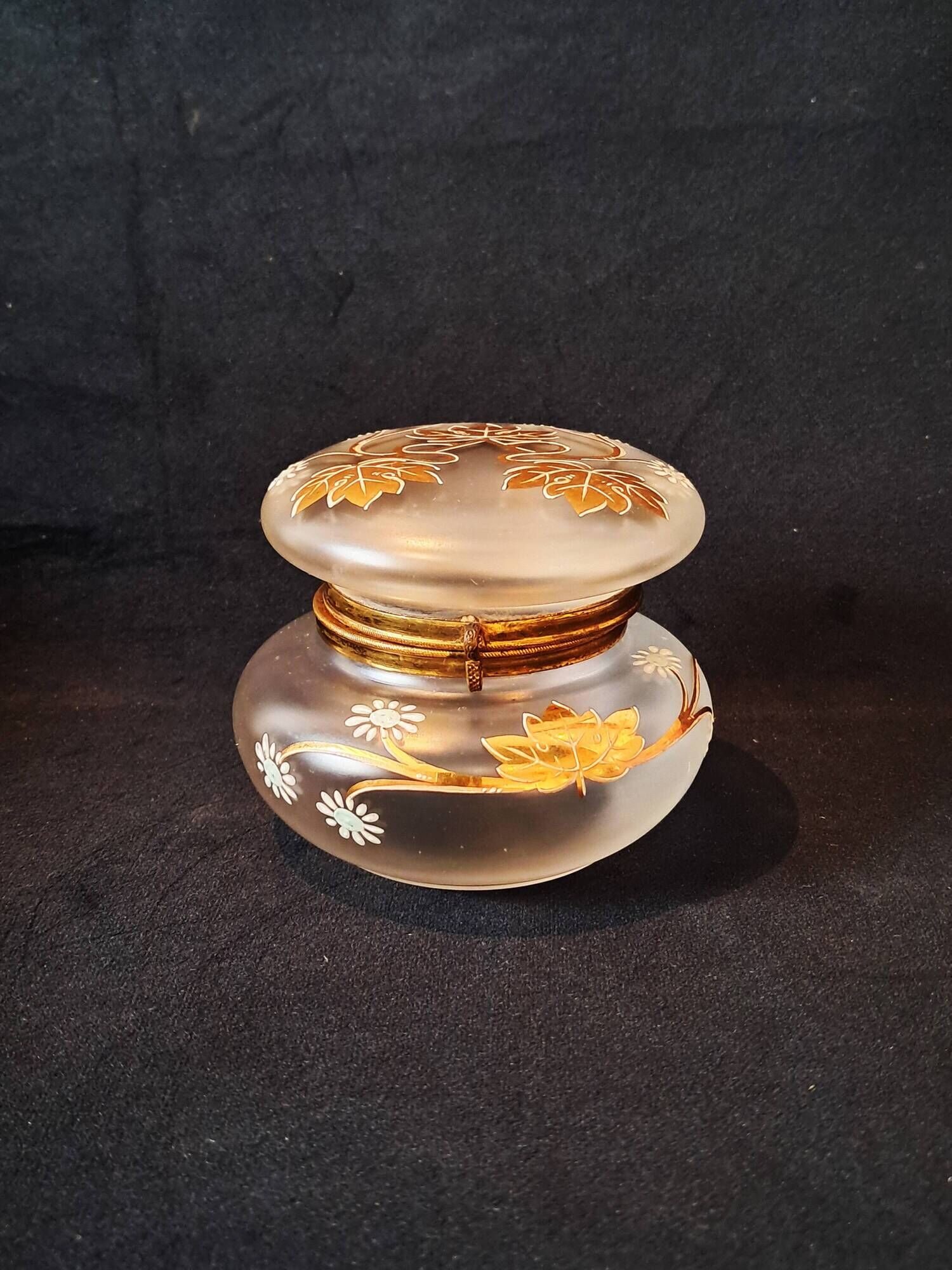 Art nouveau satin glass candy dish with enamel painted floral decor