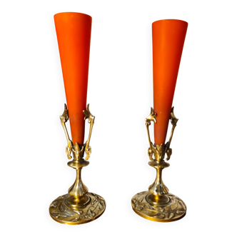 pair of bronze and glass paste Art Nouveau vases, bouquet holder, soliflore cone