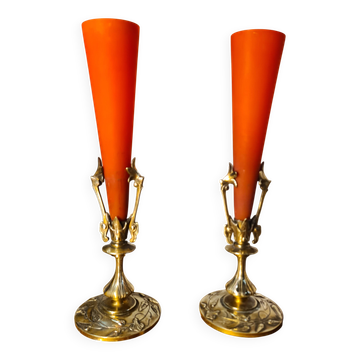 paire vase bronze et pate de verre art nouveau bouquetiere ,cornet soliflor
