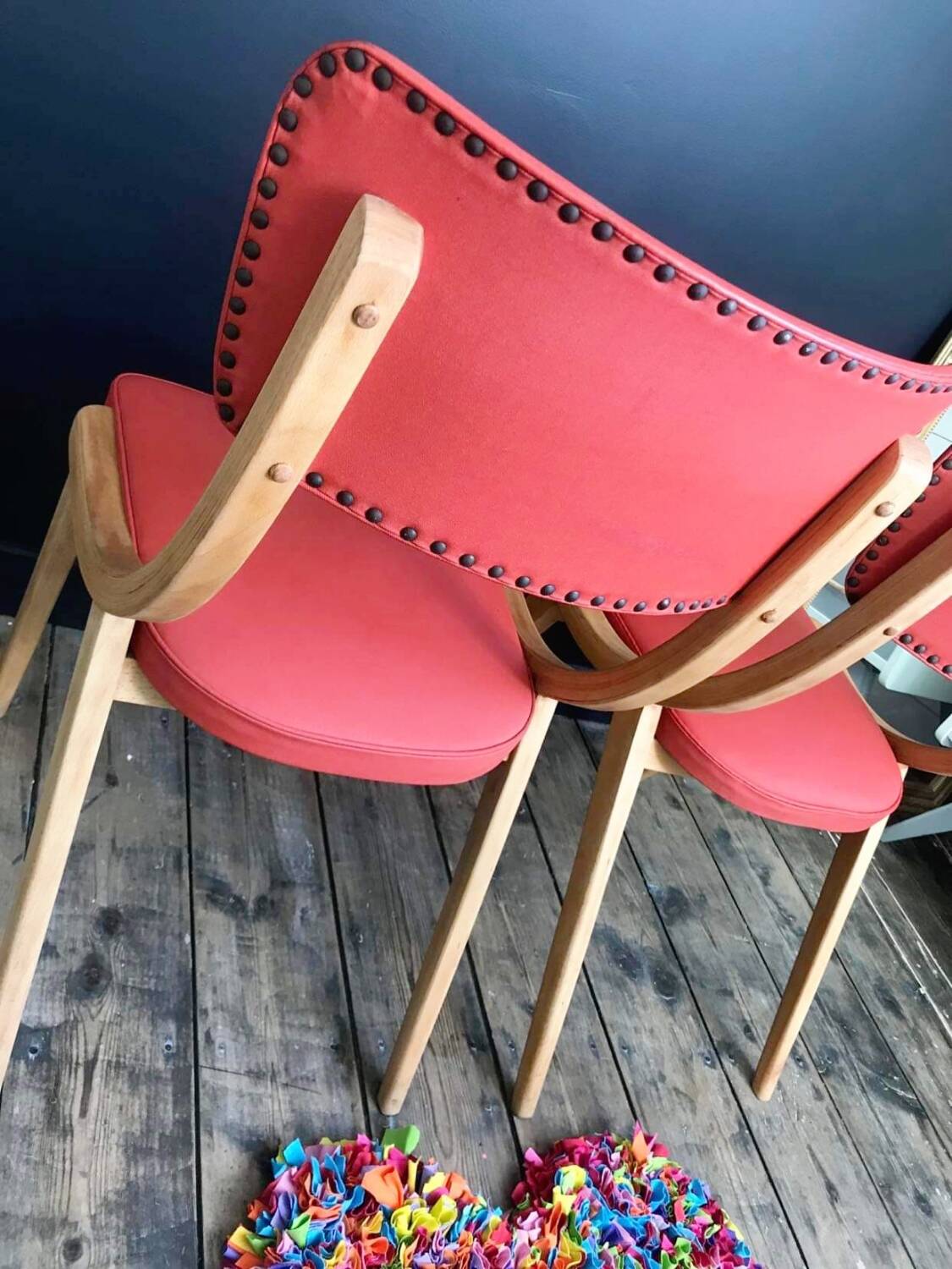 Pair of vintage solid wood and leatherette chairs from the 60s