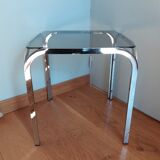 Square coffee table in chromed metal and smoked glass