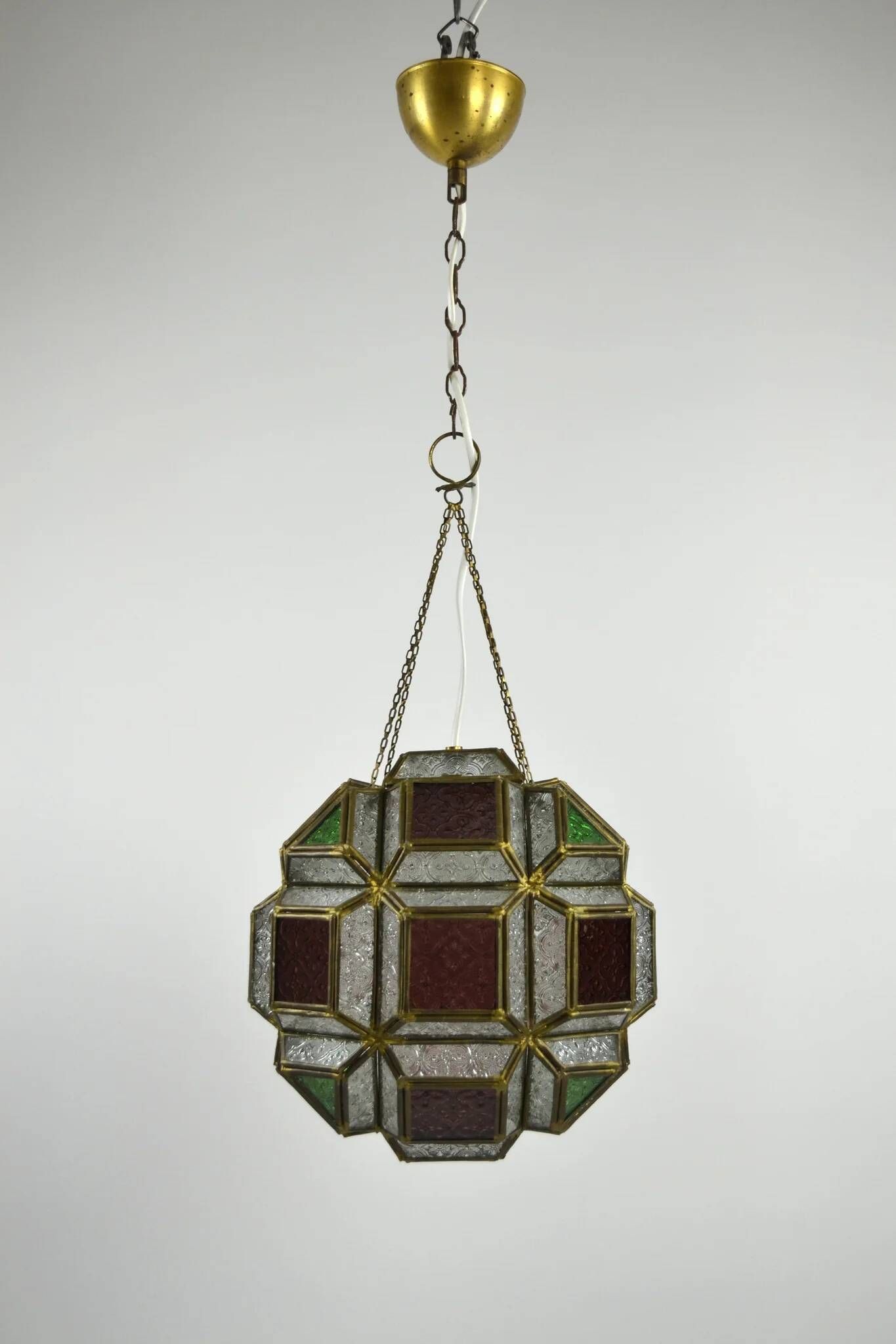 Multicolored Pressed Glass and Brass Pendant Lantern, Scandinavia, circa 1940s–1950s