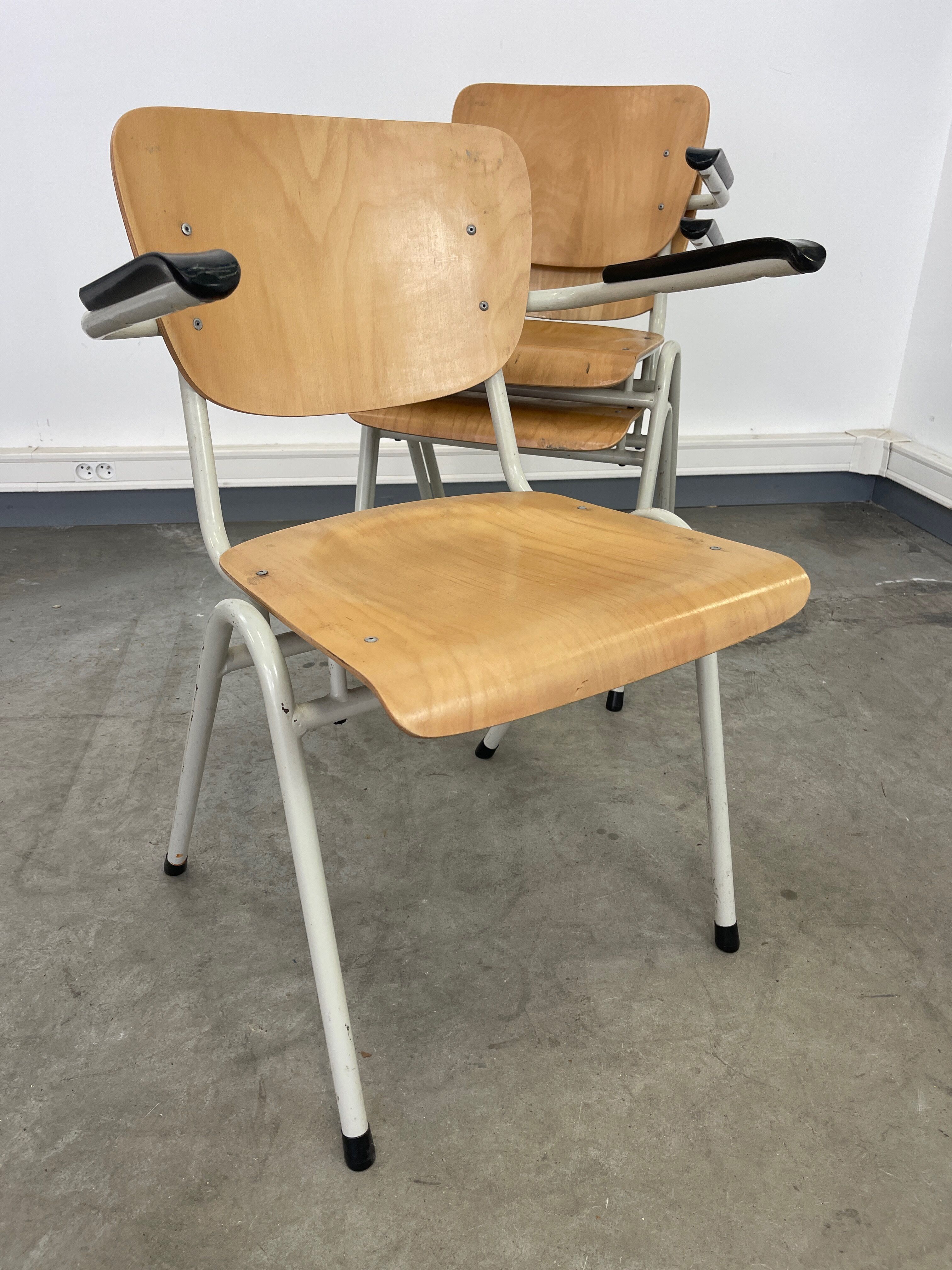 Set of 3 school armchairs light wood white steel 1980s Netherlands