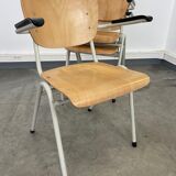 Set of 3 school armchairs light wood white steel 1980s Netherlands