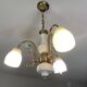 Three-light chandelier in gilded brass and porcelain, Art Nouveau style, 1970.