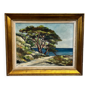 Tableau paysage méditerranéen Henriette Le Béchec - huile sur toile vintage