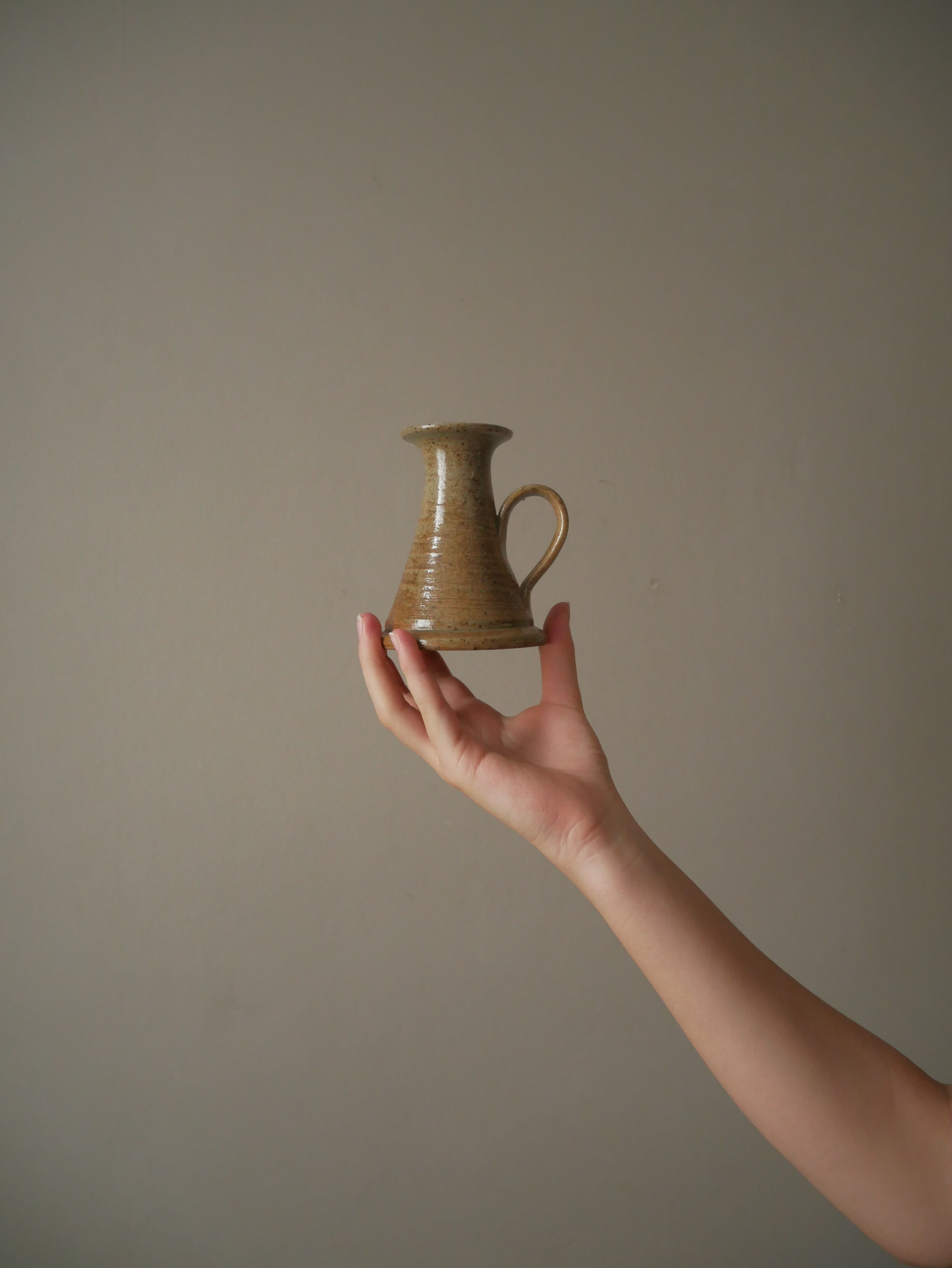 Vintage handheld stoneware candle holder, Scandinavian decorative object