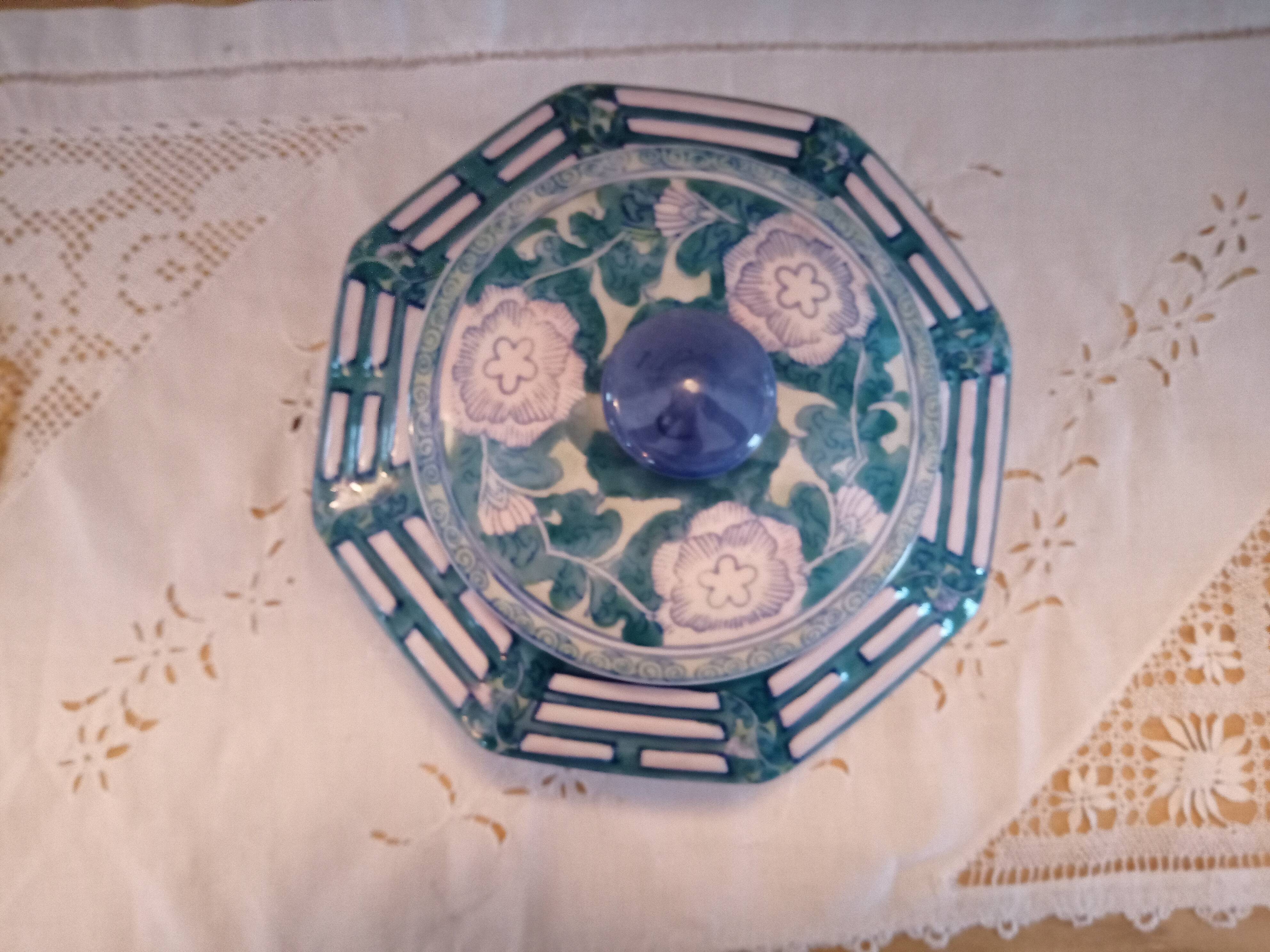 Lidded pot, Chinese ceramic urn celt decoration, blue and lilac