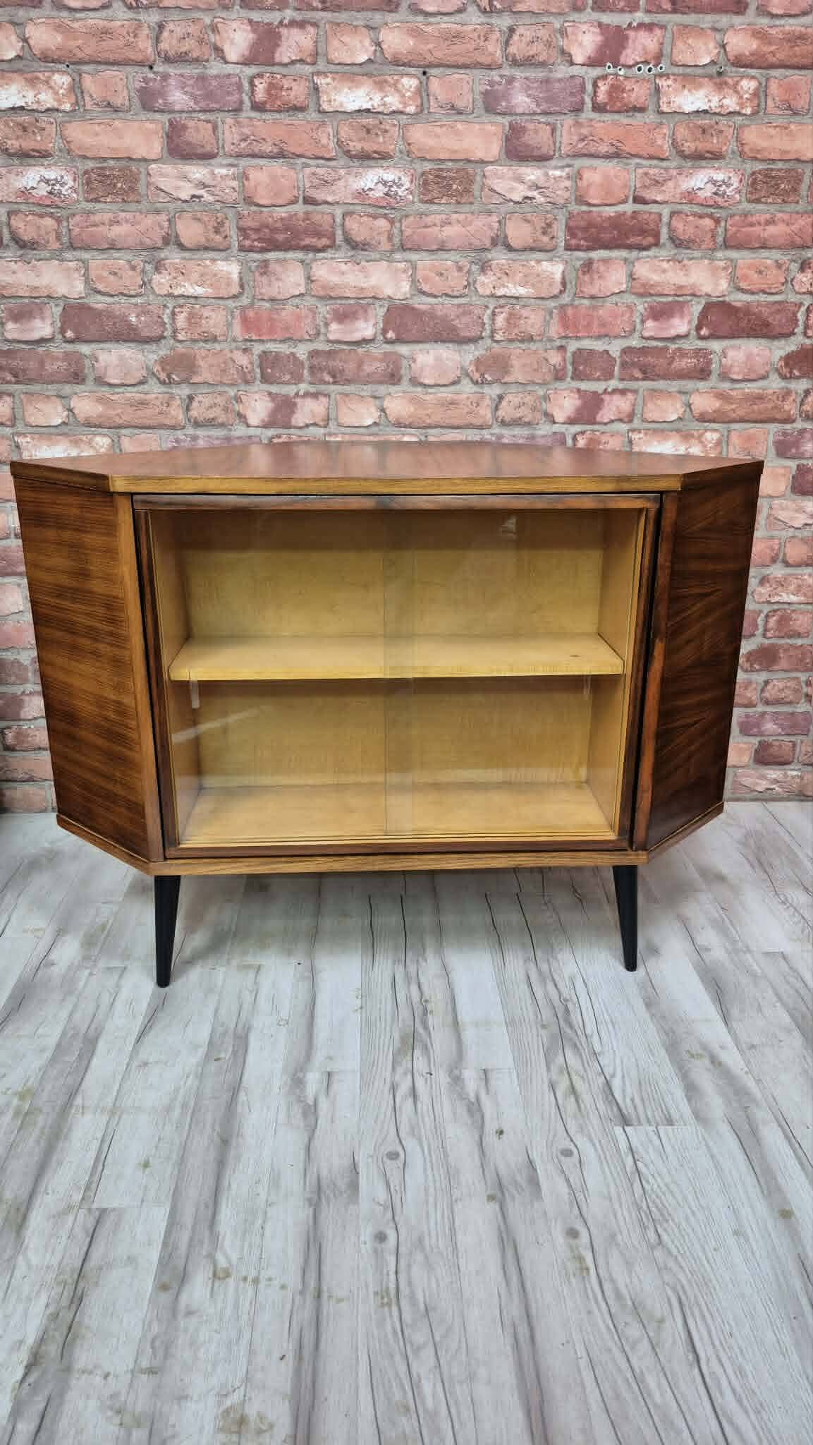 Rare Mid-Century Modern Walnut Corner Bar Cabinet with Revolving Carousel -