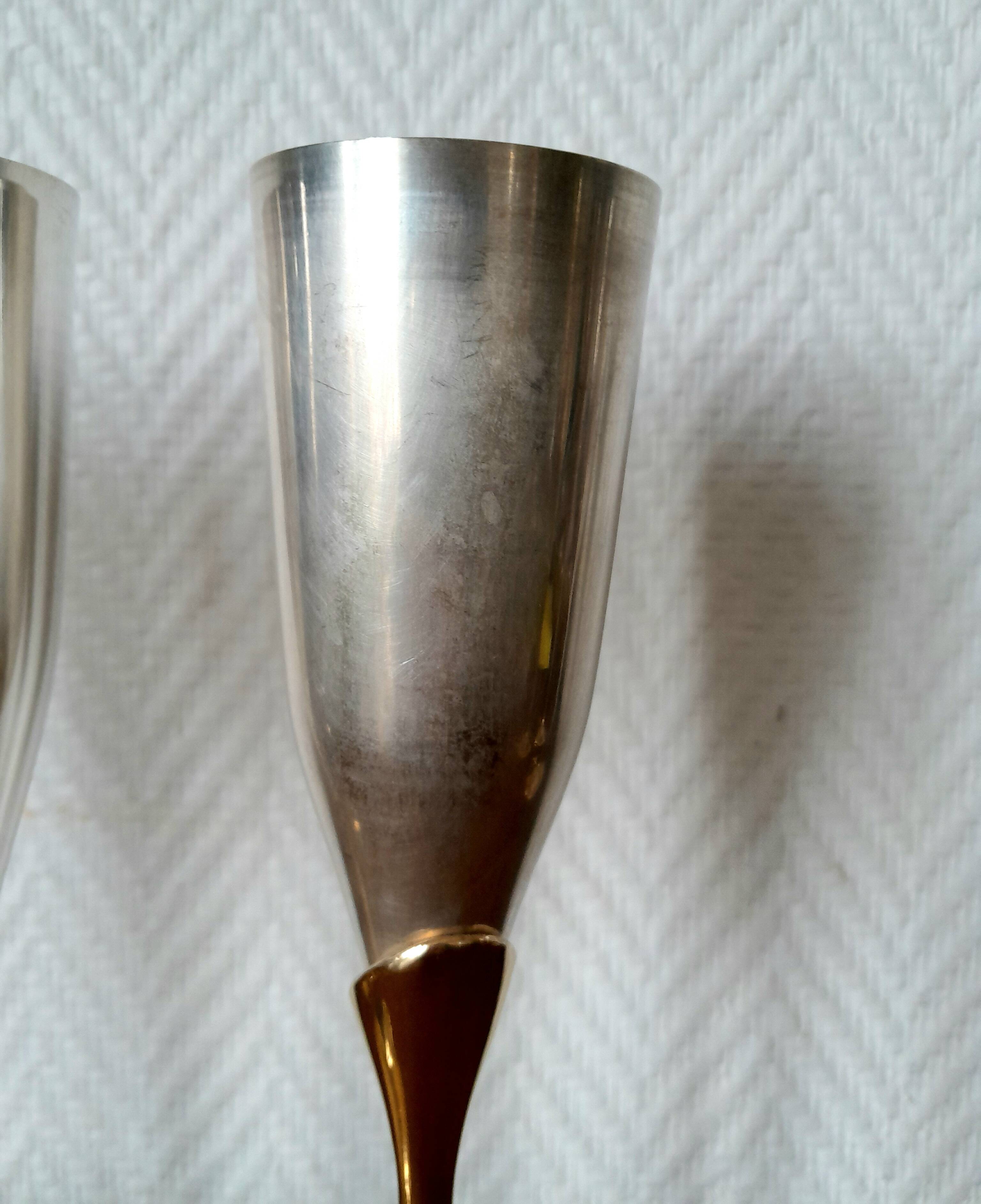 6 champagne flutes in brass and silver plated metal 1970
