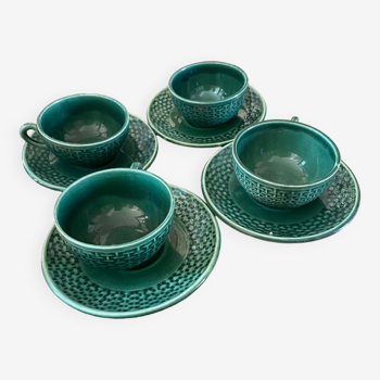 Set of 4 green ceramic coffee cups and plates