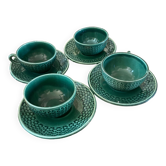 Set of 4 green ceramic coffee cups and plates