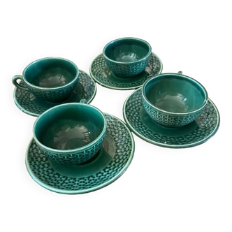 Set of 4 green ceramic coffee cups and plates