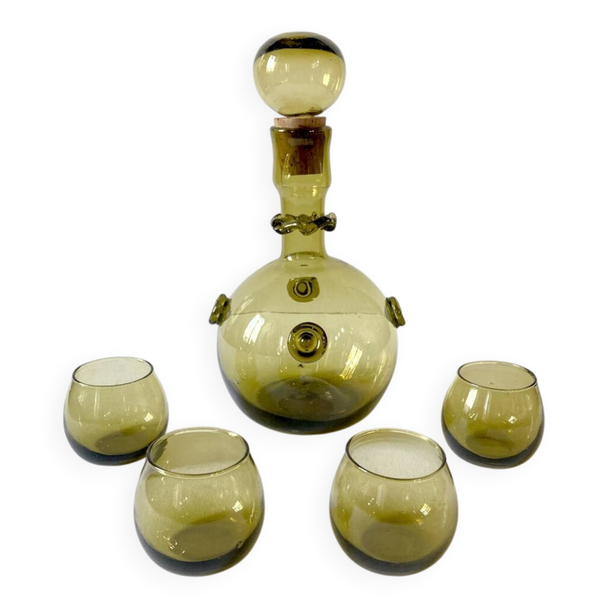Blown glass liqueur carafe and its 4 small glasses