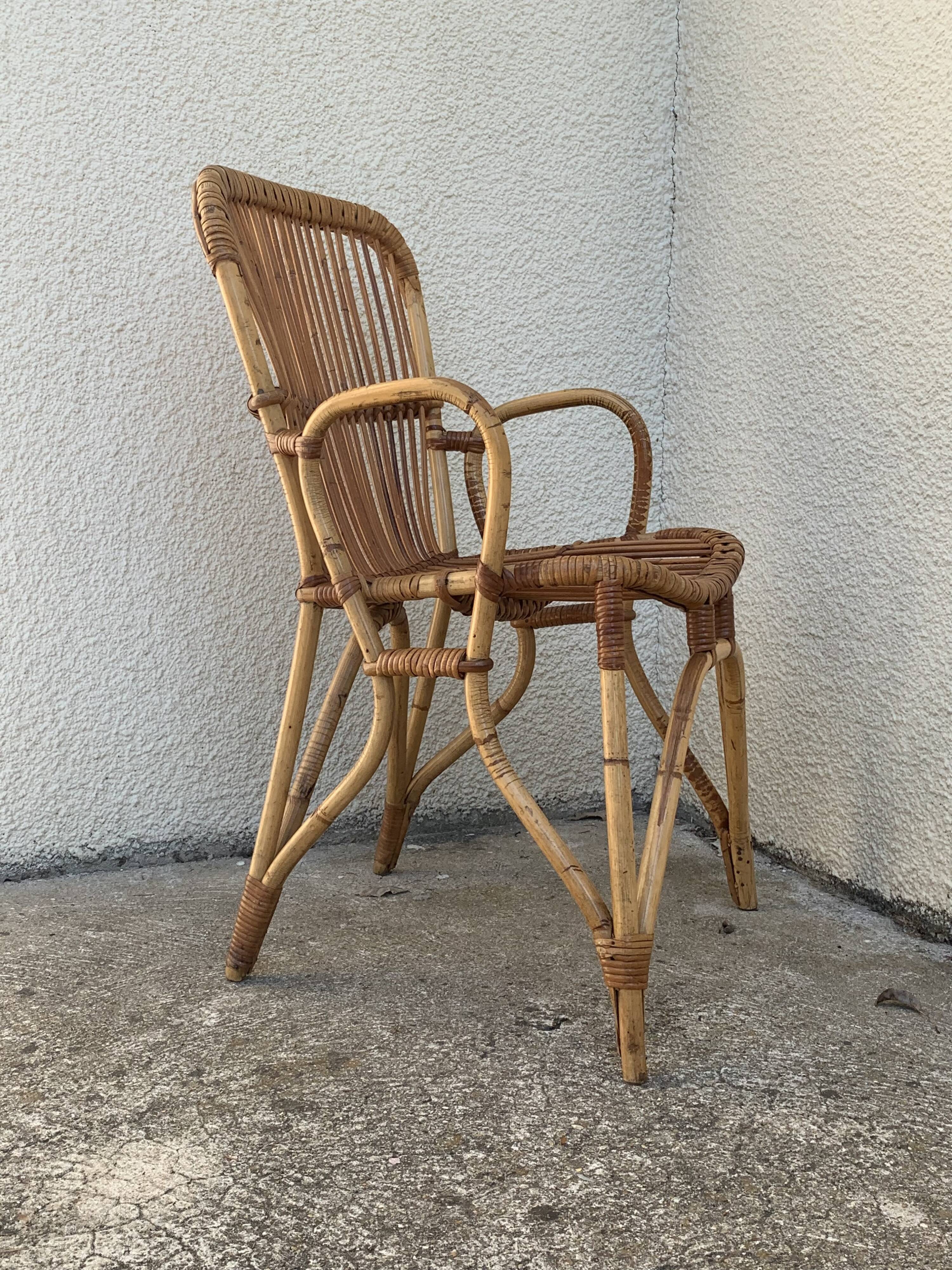 Chair and armchair in vintage rattan 1950