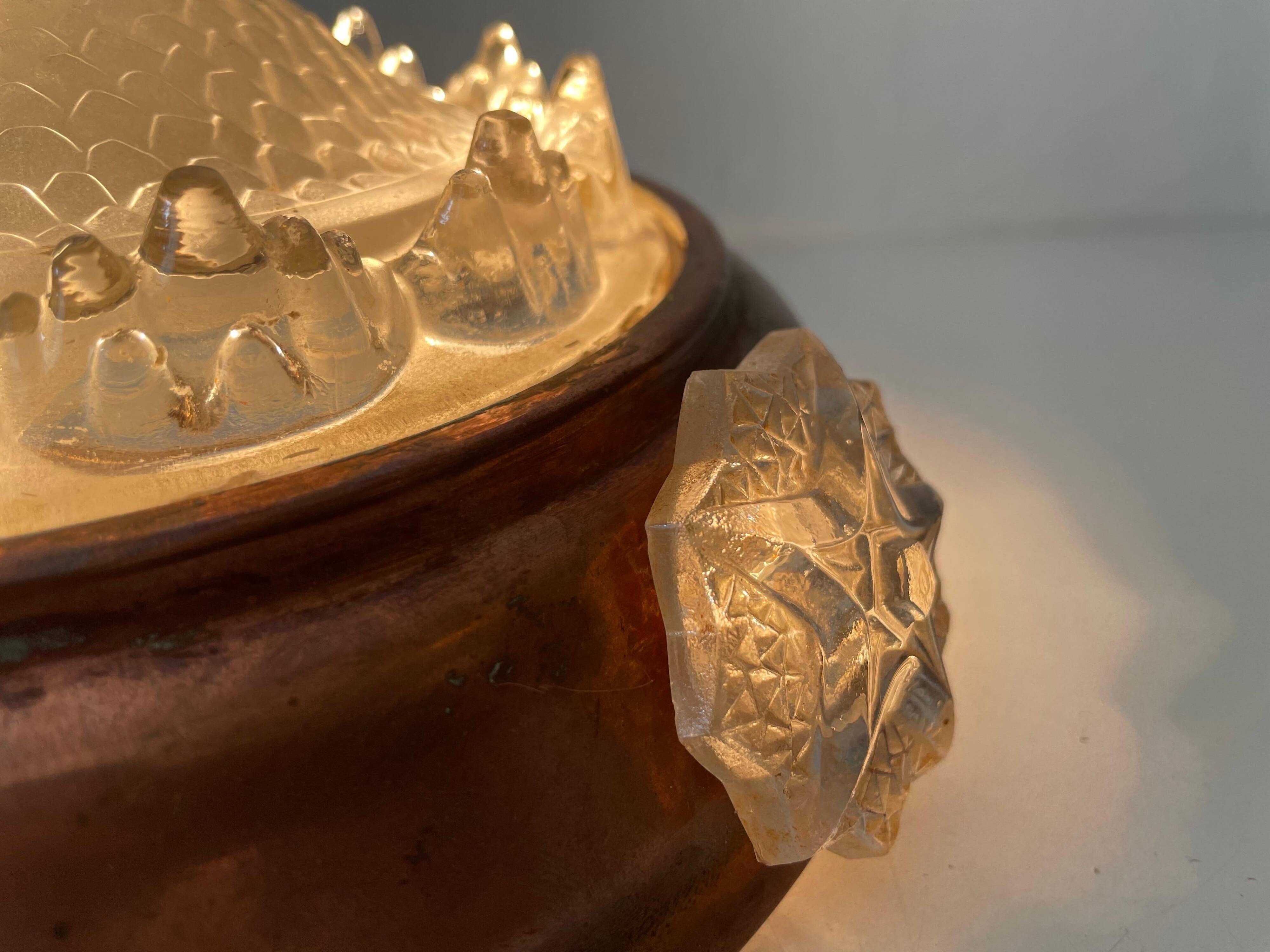 Exceptional flush ceiling light Italian Art Deco in copper and glass, 1940s, Italy