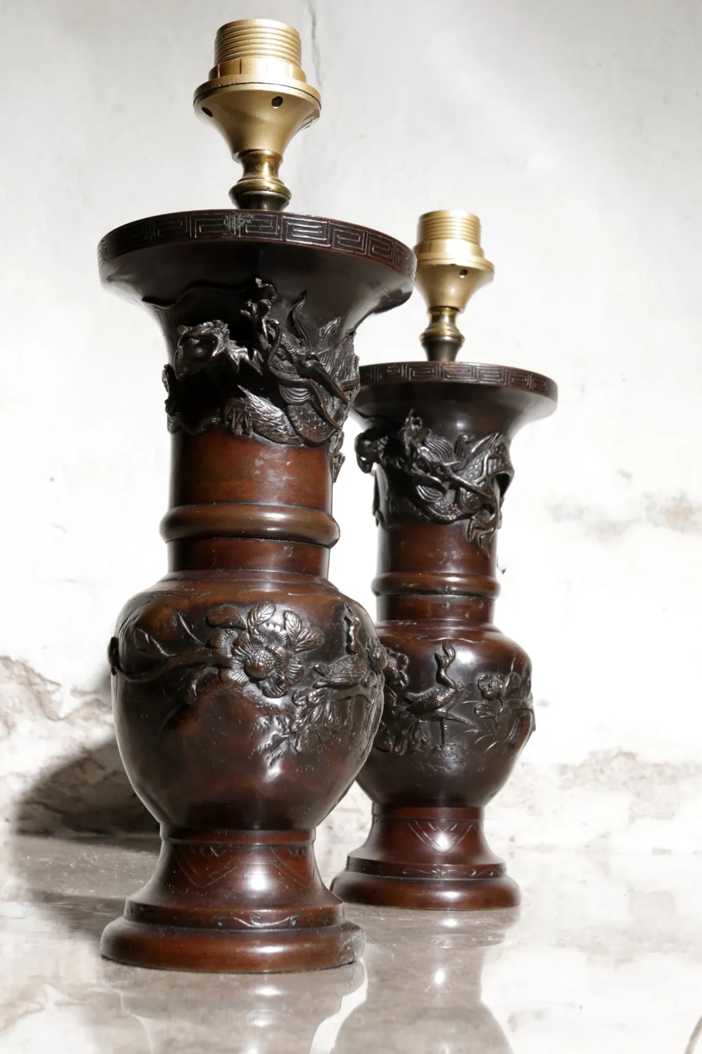 Set of 19th-century Japanese vase lamps with dragons and birds