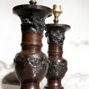 Set of 19th-century Japanese vase lamps with dragons and birds