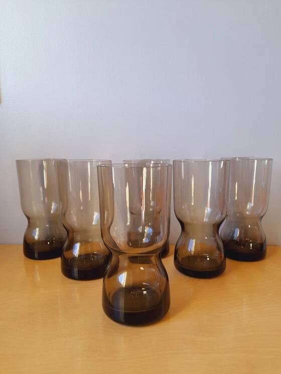 Service en verre fumé, verre et carafe 1970