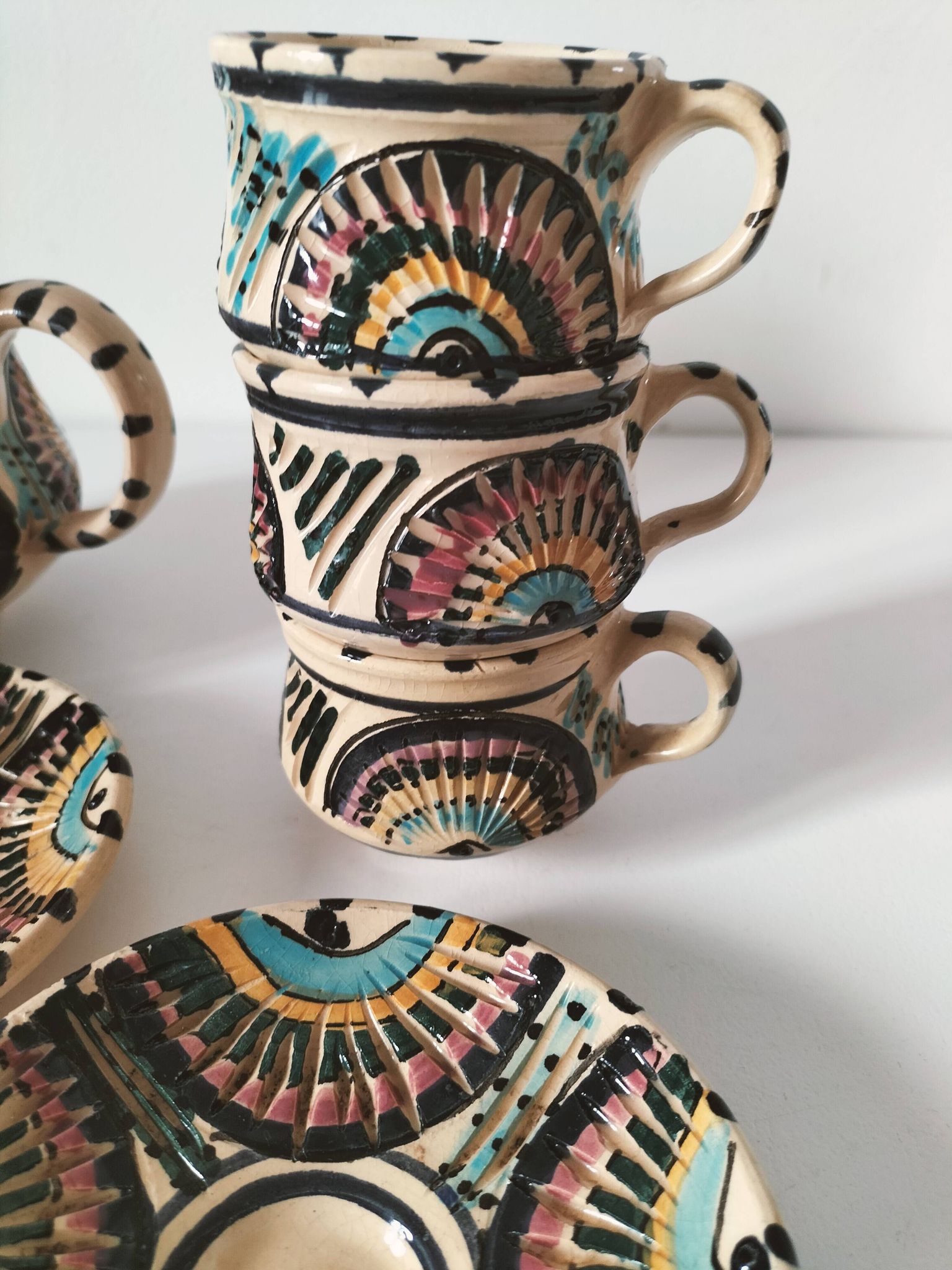 Service à thé marocain vintage, théière et 5 tasses et soucoupes