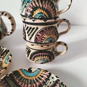 Service à thé marocain vintage, théière et 5 tasses et soucoupes