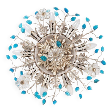 Italian ceiling light Banci Firenze silver iron and blue crystal leaves 60 cm
