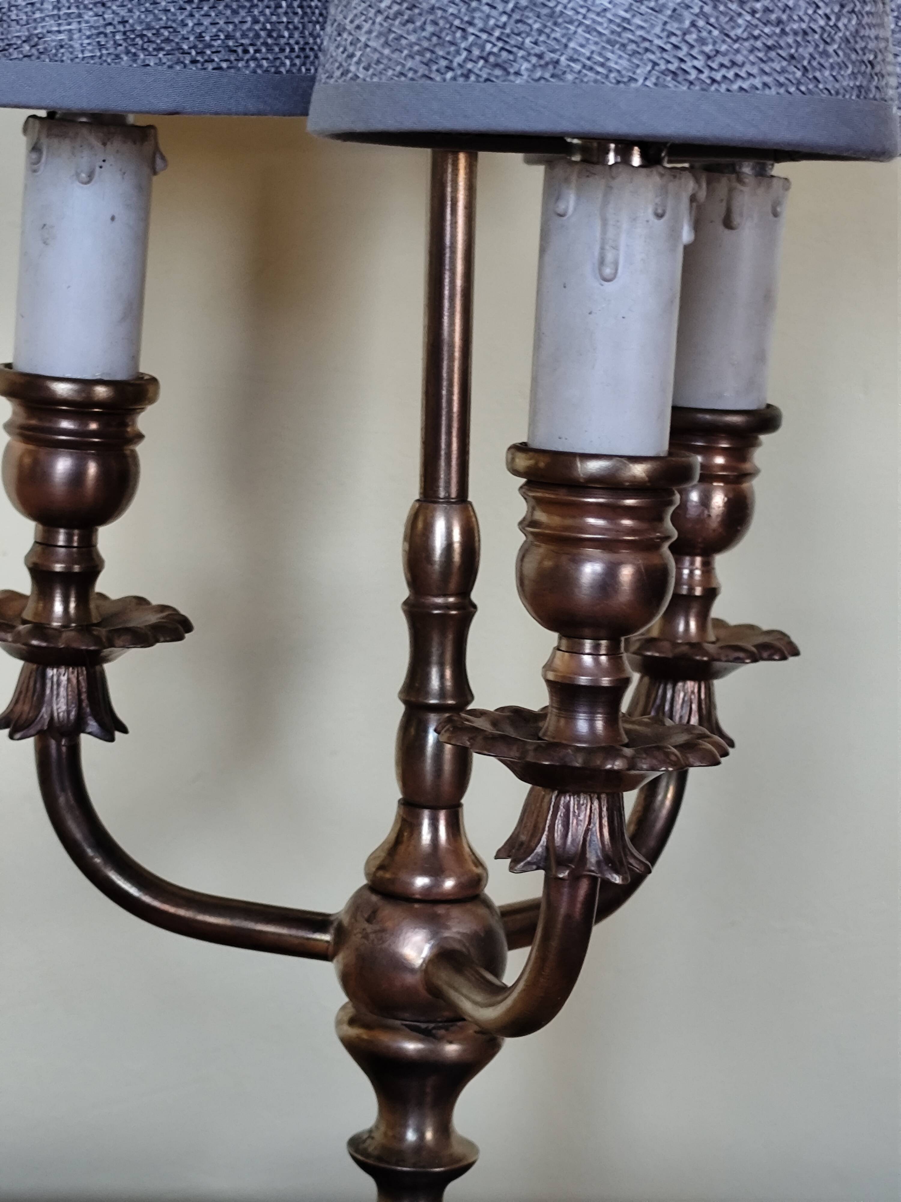 three-light candelabra lamp in metal and gilded brass, bouillotte lamp