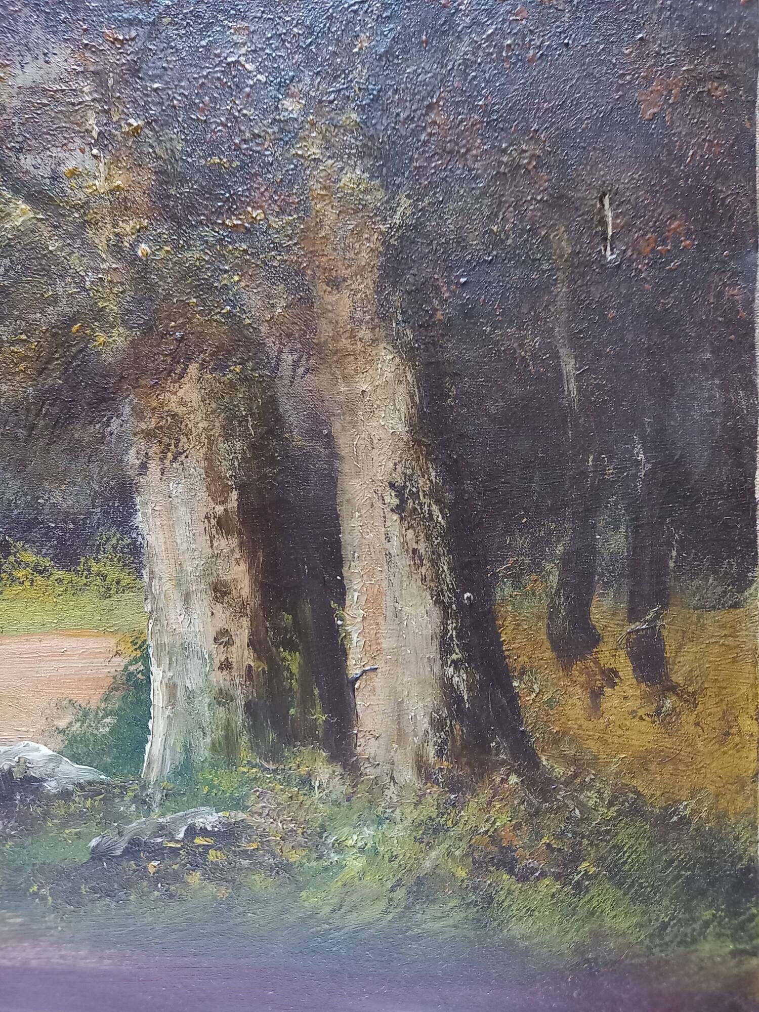 Old painting, oil on canvas representing a forest scene, early twentieth century