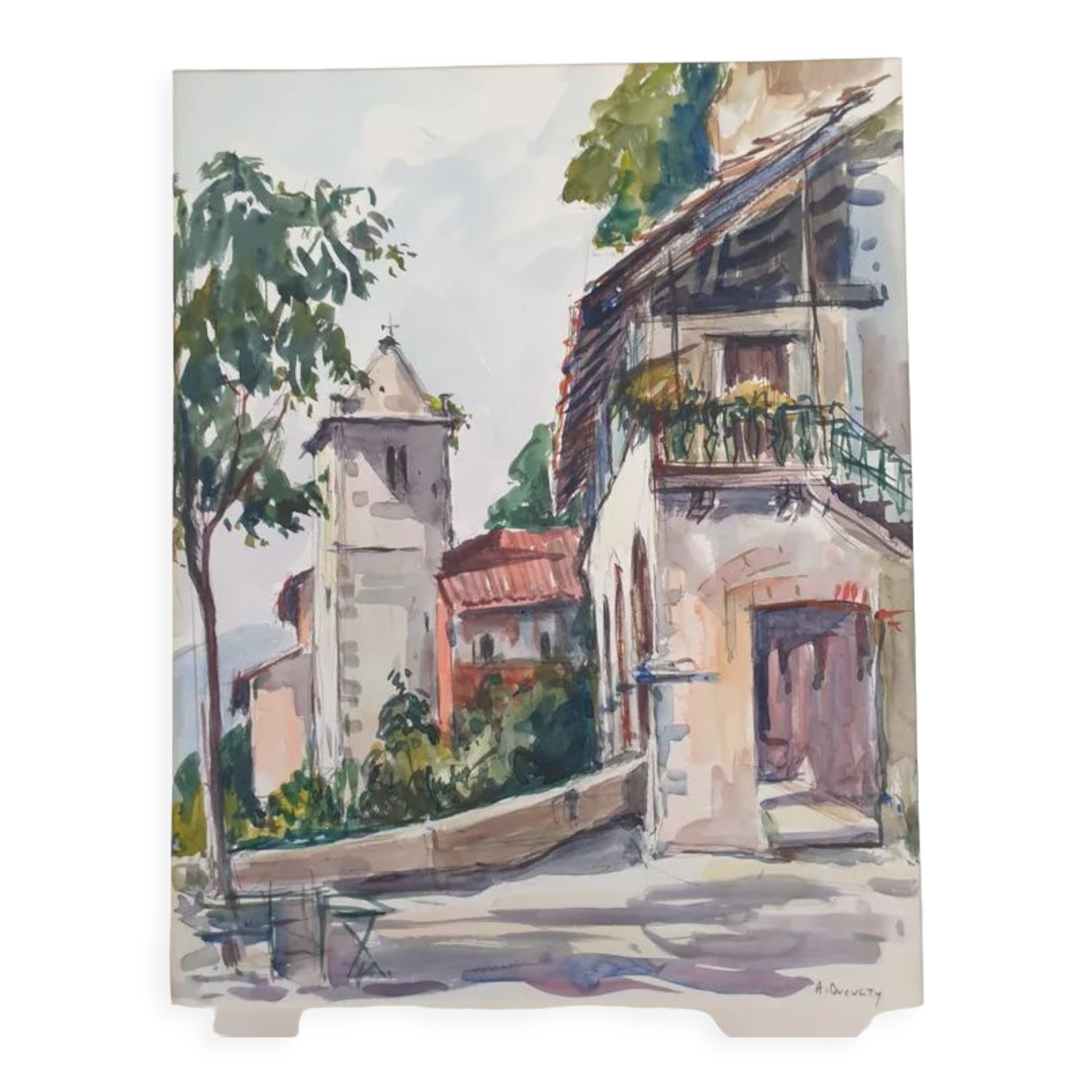 André Duculty (1912-1990) Watercolor on paper "Santa Caterina Del Sasso, Lake Maggiore, Italy" Signed