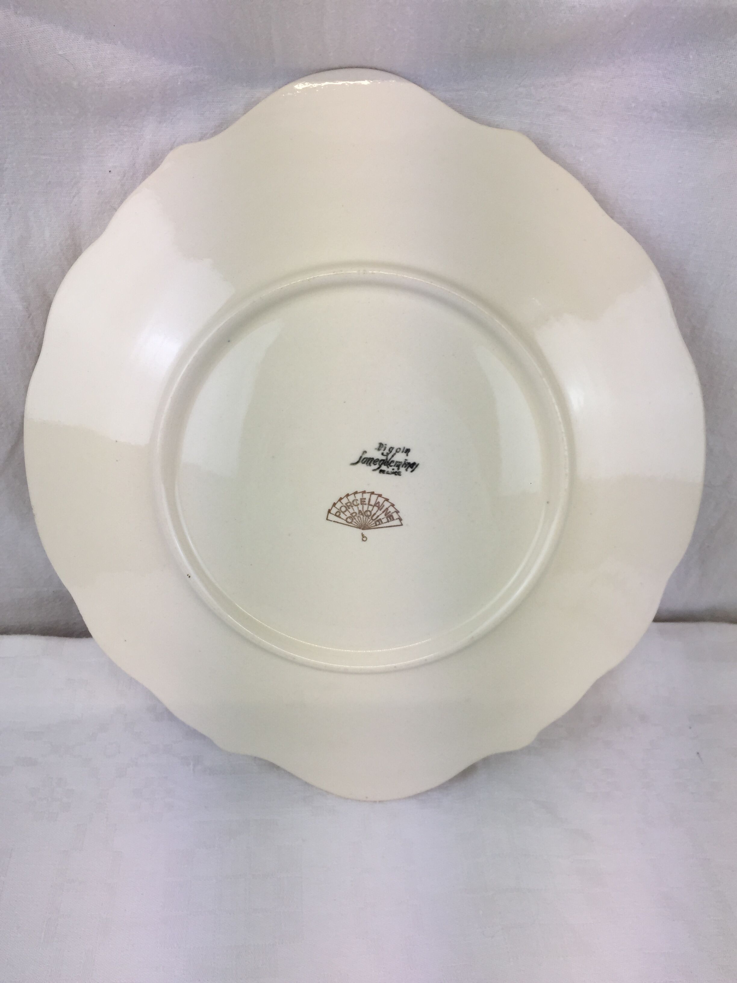 Antique round dish with handles, ivory and gold colored porcelain, made in France Sarreguemines Digoin