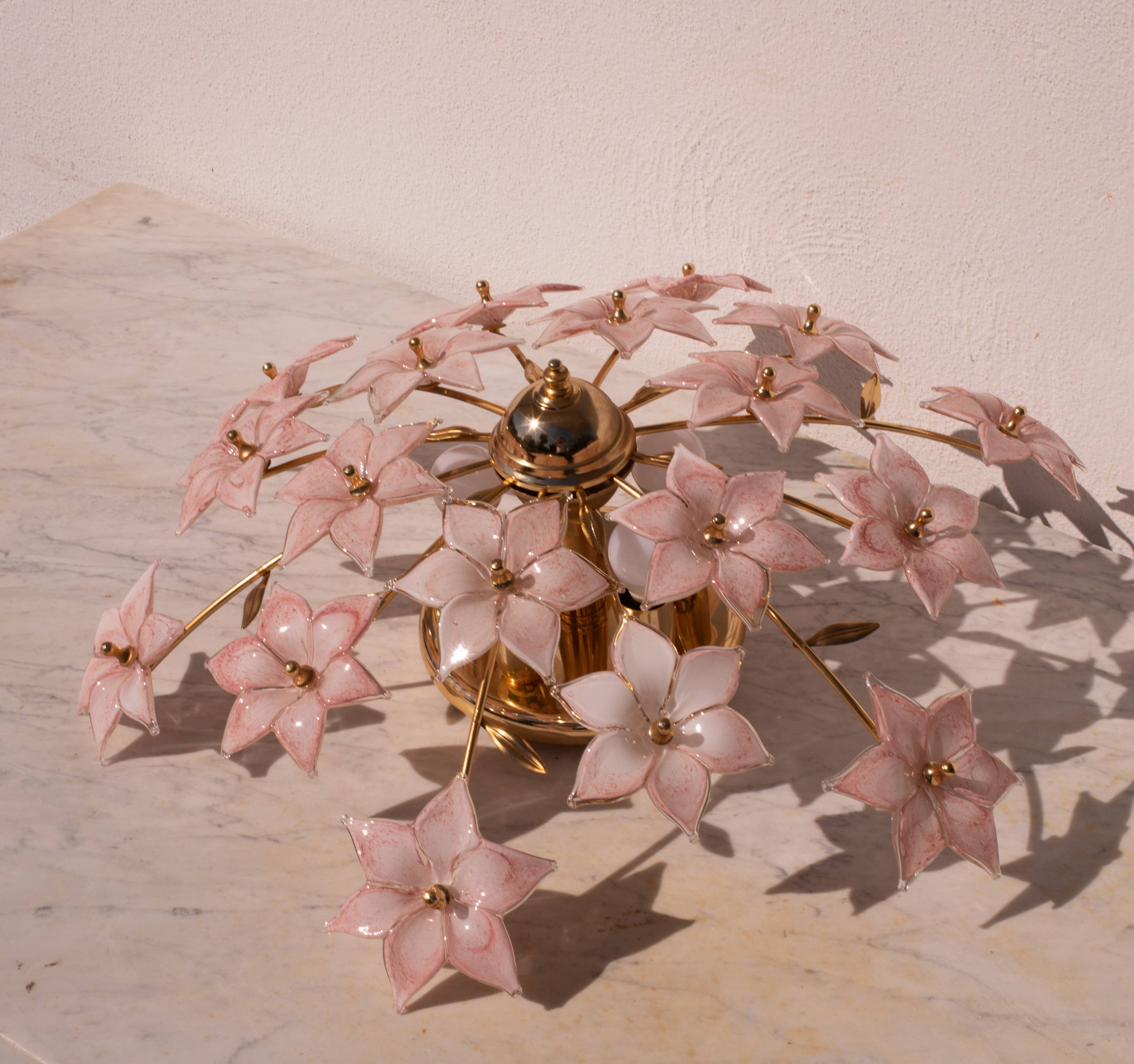 Murano vintage ceiling light pink flowers, 1970s