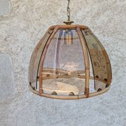 Vintage rattan and smoked glass pendant – 1970s