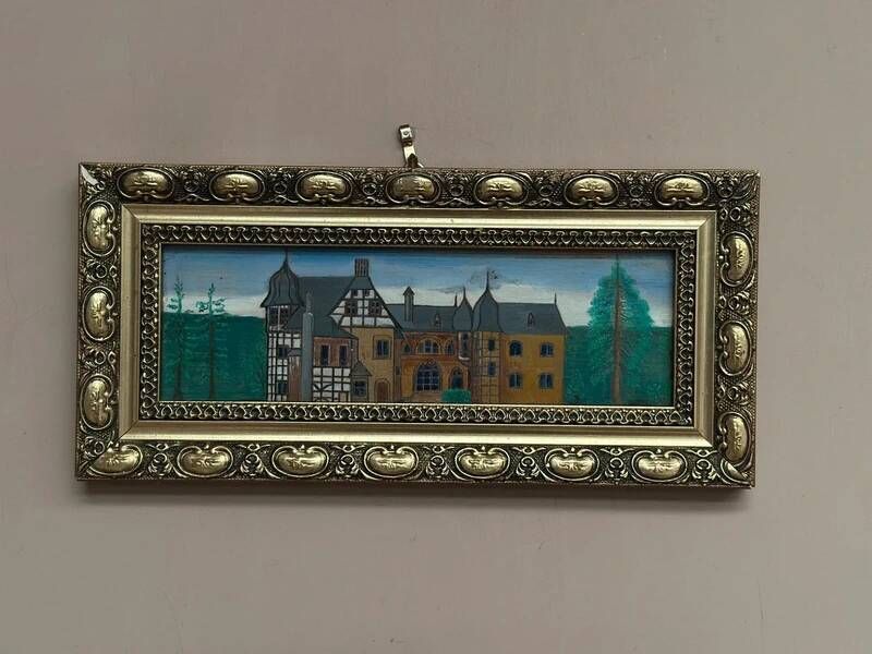 Original woodcut art “Buildings II” by unknown artist, vintage & framed 34×16cm