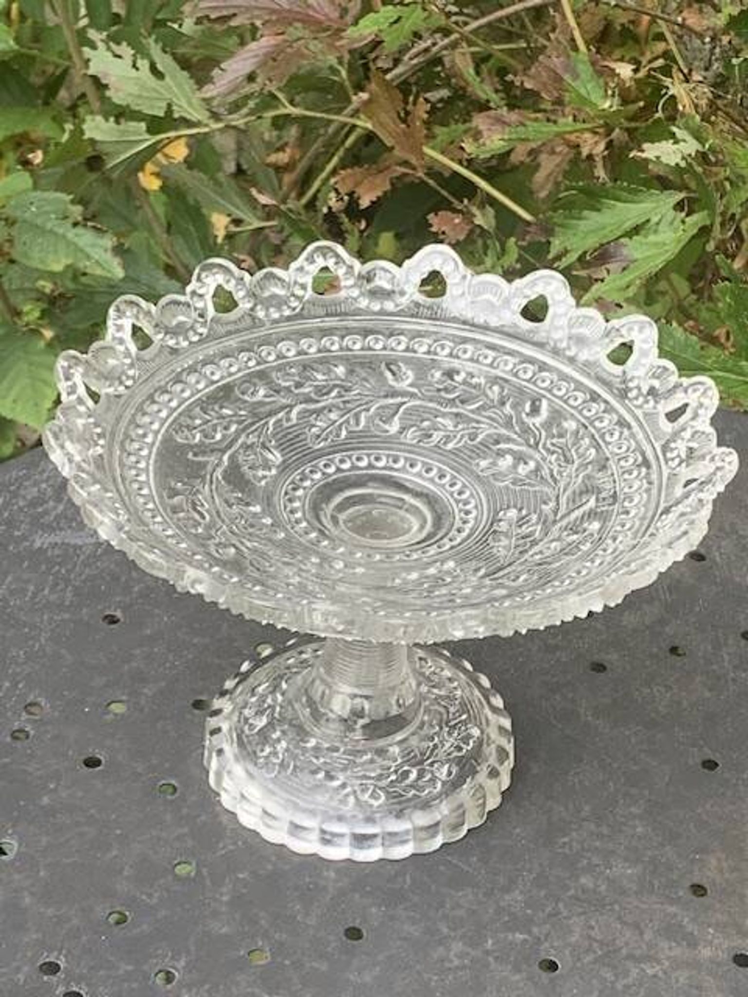 Glass bowl, vintage oak leaf pattern compote dish.