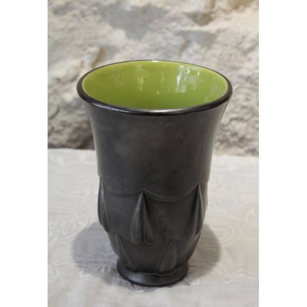 Vase noir et vert en faïence Blanche Letalle (1901-1990) St Clément vers 1950